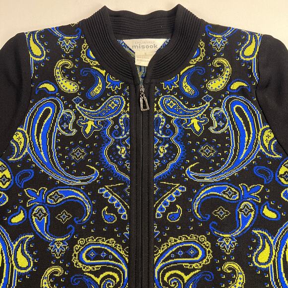 Misook Paisley Knit Zip Up Hip Length Cardigan Sweater Black Blue Yellow Size S - Picture 8 of 14
